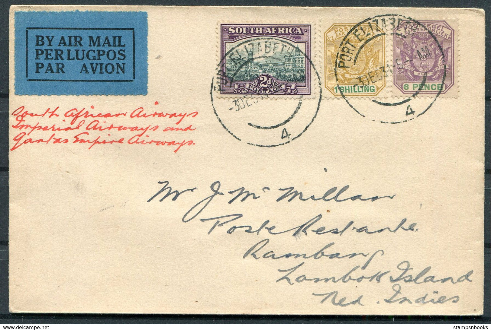 1934 South Africa Flight Cover, Port Elizabeth - Lombok Islands Ned. Indies, Labdeanhadji. Imperial SAA Qantas Airmail - Poste Aérienne