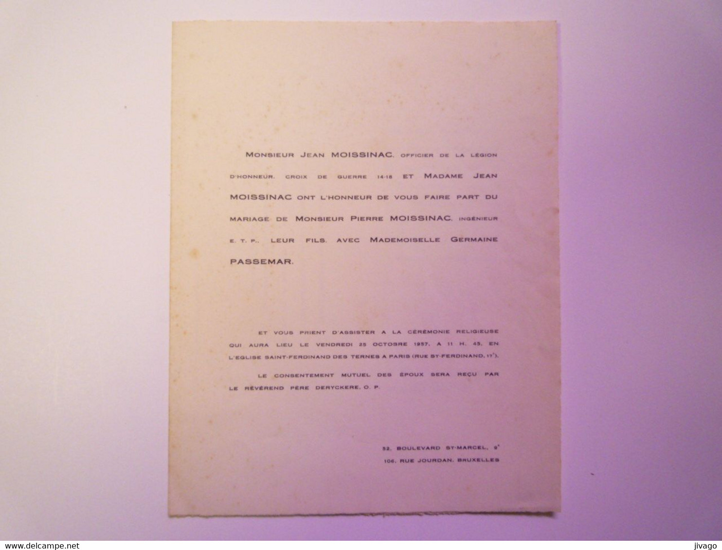 2021 - 597  FAIRE-PART Du Mariage De Jean MOISSINAC Et Germaine PASSEMAR  1957 (Bruxelles Et Paris)   XXX - Hochzeit