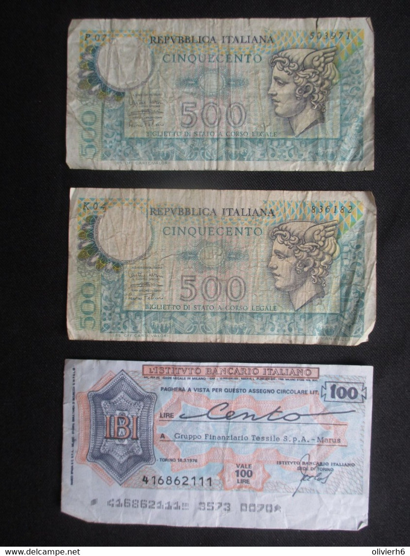 LOT 3 BILLETS ITALIE (M19) 2 X 500 CINQUECENTO LIRE + 1 CHEQUE L'ISTITUTO BANCARIO ITALIANO IBI 100 LIRE (2 Vues) - [ 9] Colecciones