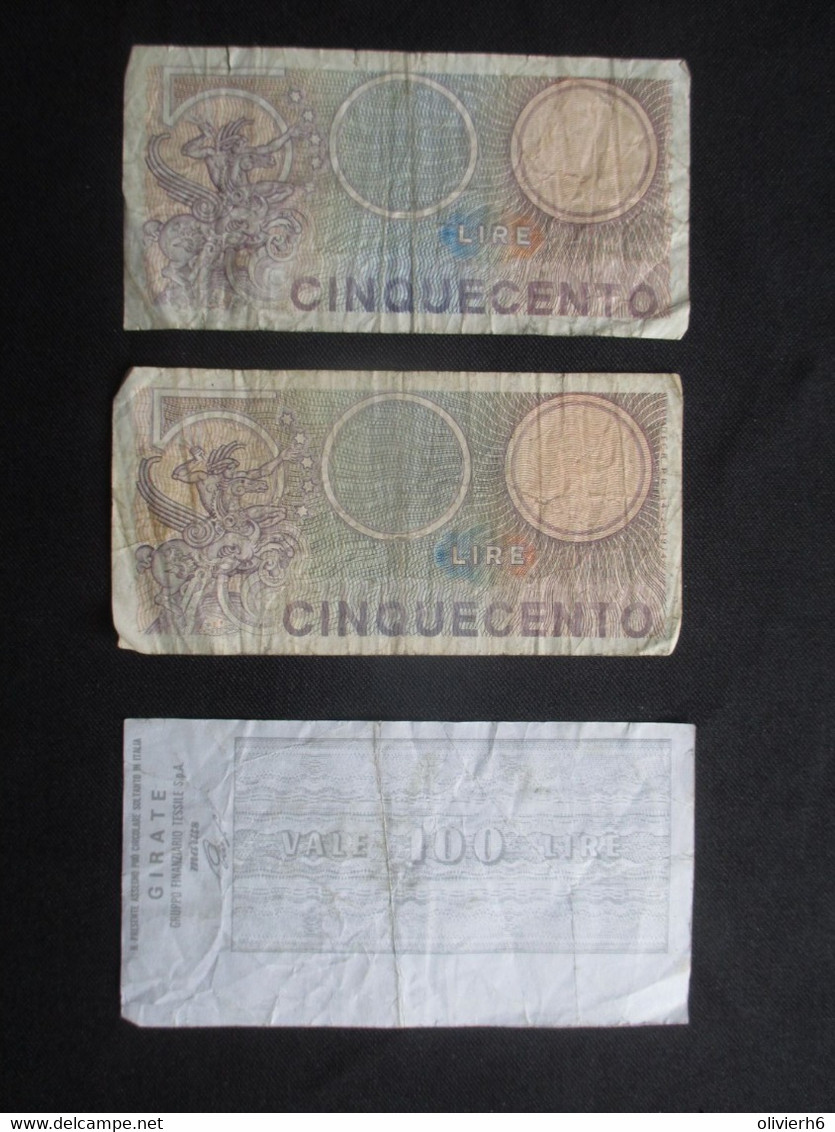 LOT 3 BILLETS ITALIE (M19) 2 X 500 CINQUECENTO LIRE + 1 CHEQUE L'ISTITUTO BANCARIO ITALIANO IBI 100 LIRE (2 Vues) - [ 9] Colecciones