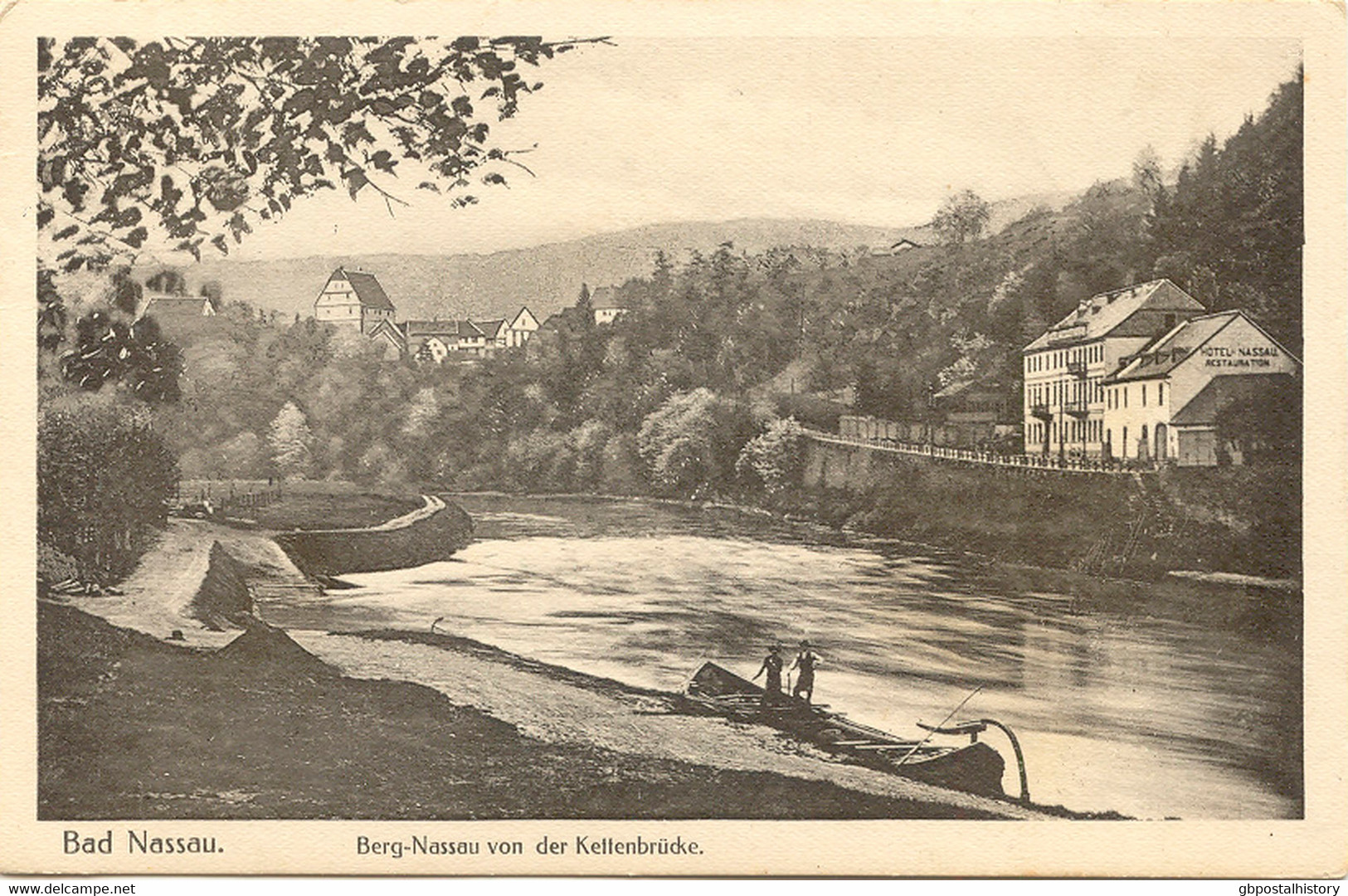 BAD NASSAU, 1917, S/w Kupfertiefdruck-AK Berg-Nassau Von Der Kettenbrücke M. Hotel Nassau, Rs. K2 "NASSAU (LAHN)", Sehr - Nassau