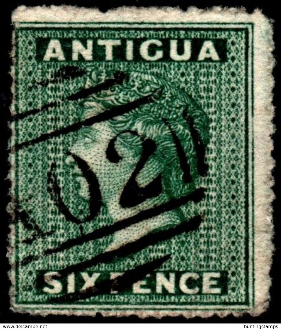 Antigua 1863 SG 9  6d Dark Green  Wmk Small Star    Rough Perf 14 To 16   Used A02 Cancel - 1858-1960 Kolonie Van De Kroon