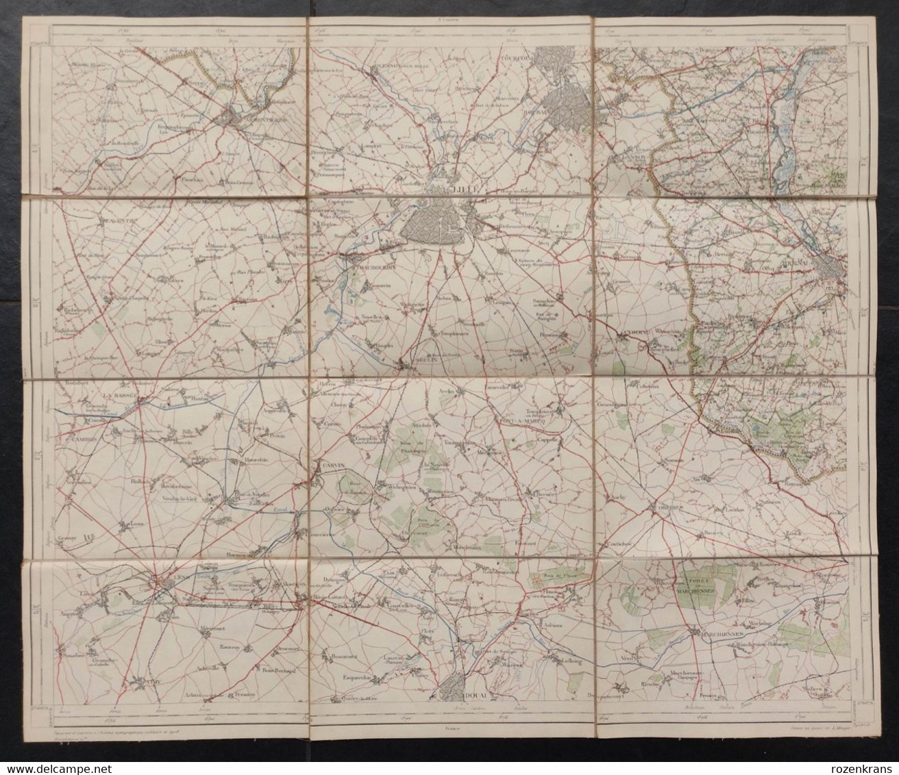 Carte Topographique Toilée Militaire STAFKAART 1912 Tournai Roubaix Lille Armentieres Lens Douai - Topographical Maps