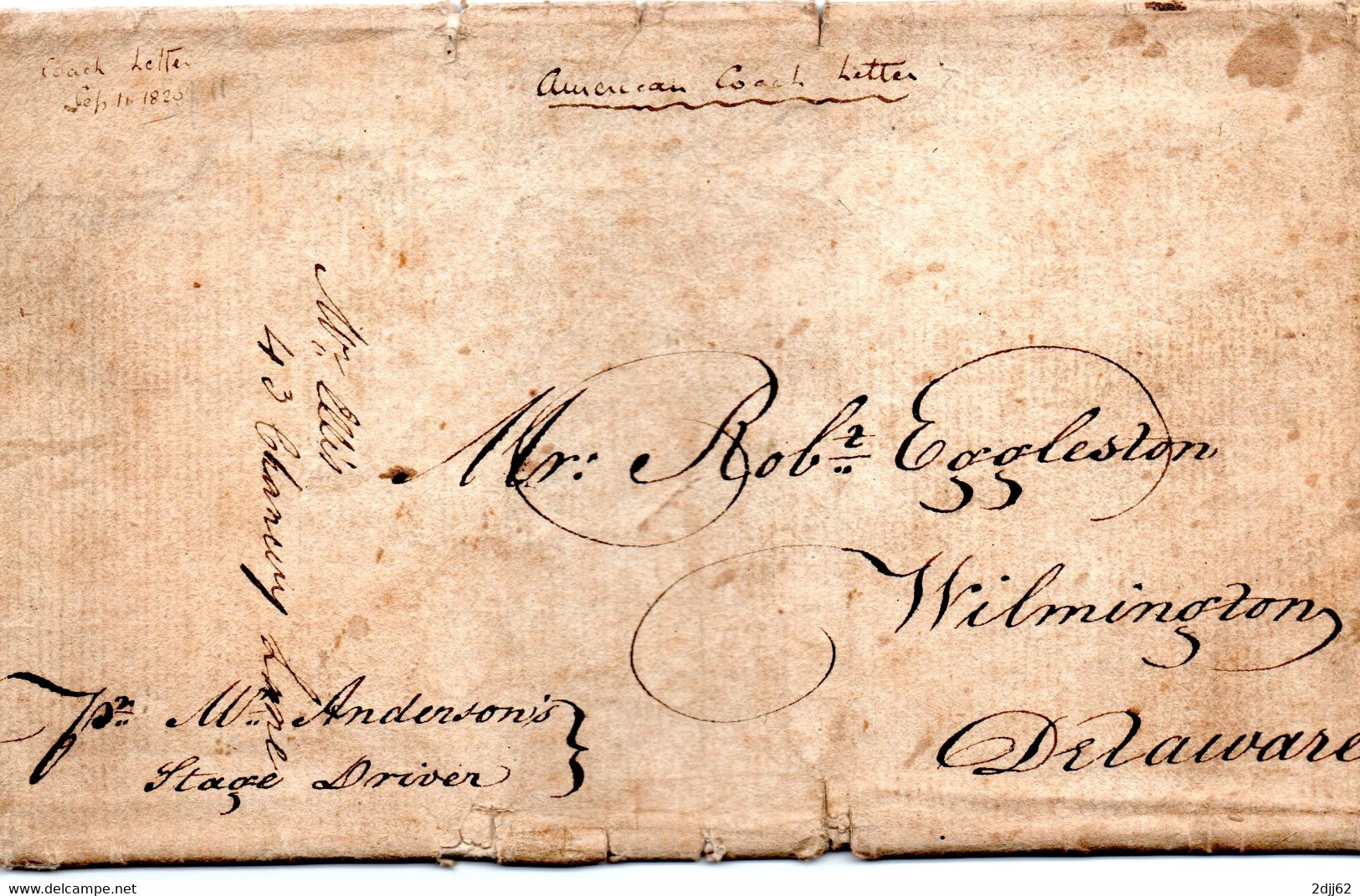 Cheval, Diligence, "American Coach Letter", 16 Sept 1820, Pour Wilmington (Delaware) - Estados Unidos