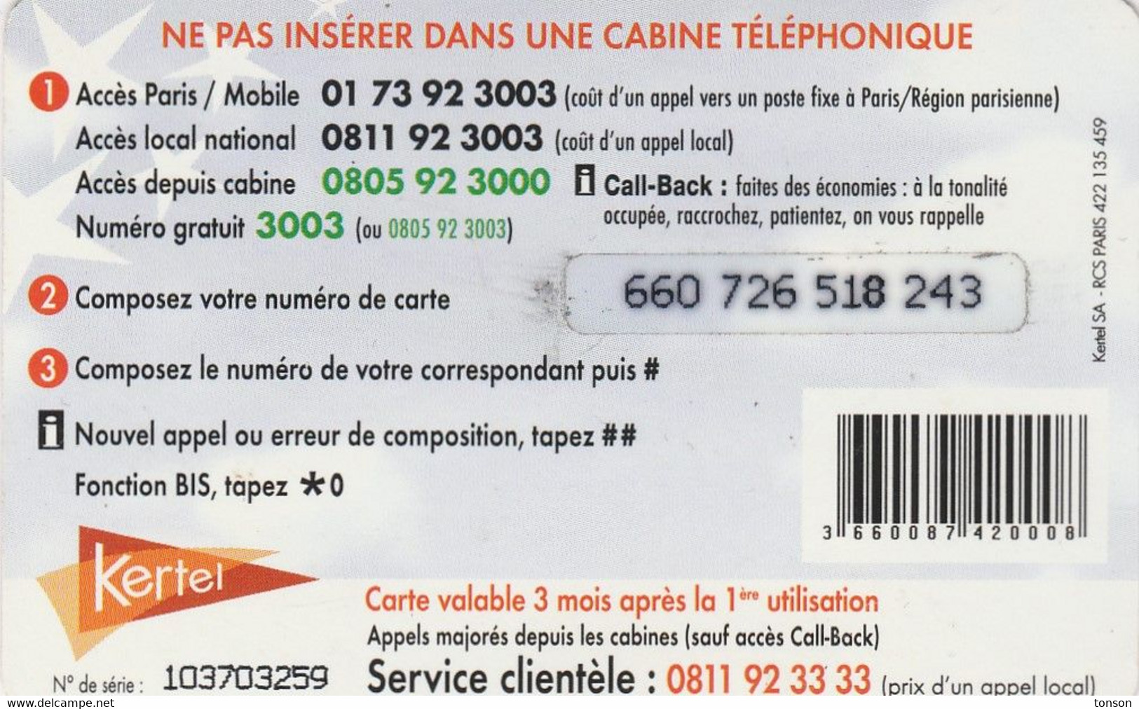 France,  FR-PRE-KER-0327C, €7.5, Kertel, Destination Africa, 2 Scans. - Mobicartes (GSM/SIM)
