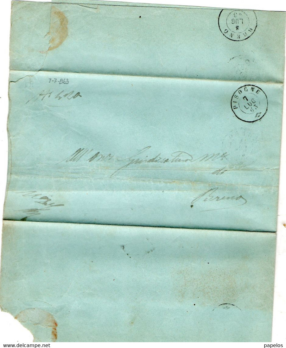 1863 LETTERA CON ANNULLO PISOGNE BRESCIA + BRENO - Dienstmarken
