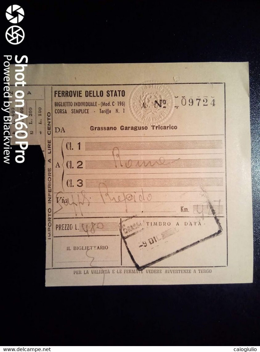 BIGLIETTO - TICKET F.S. - FERROVIE DELLO STATO - GRASSANO GARAGUSO TRICARICO ROMA,  2a CL - 1951 - Europe