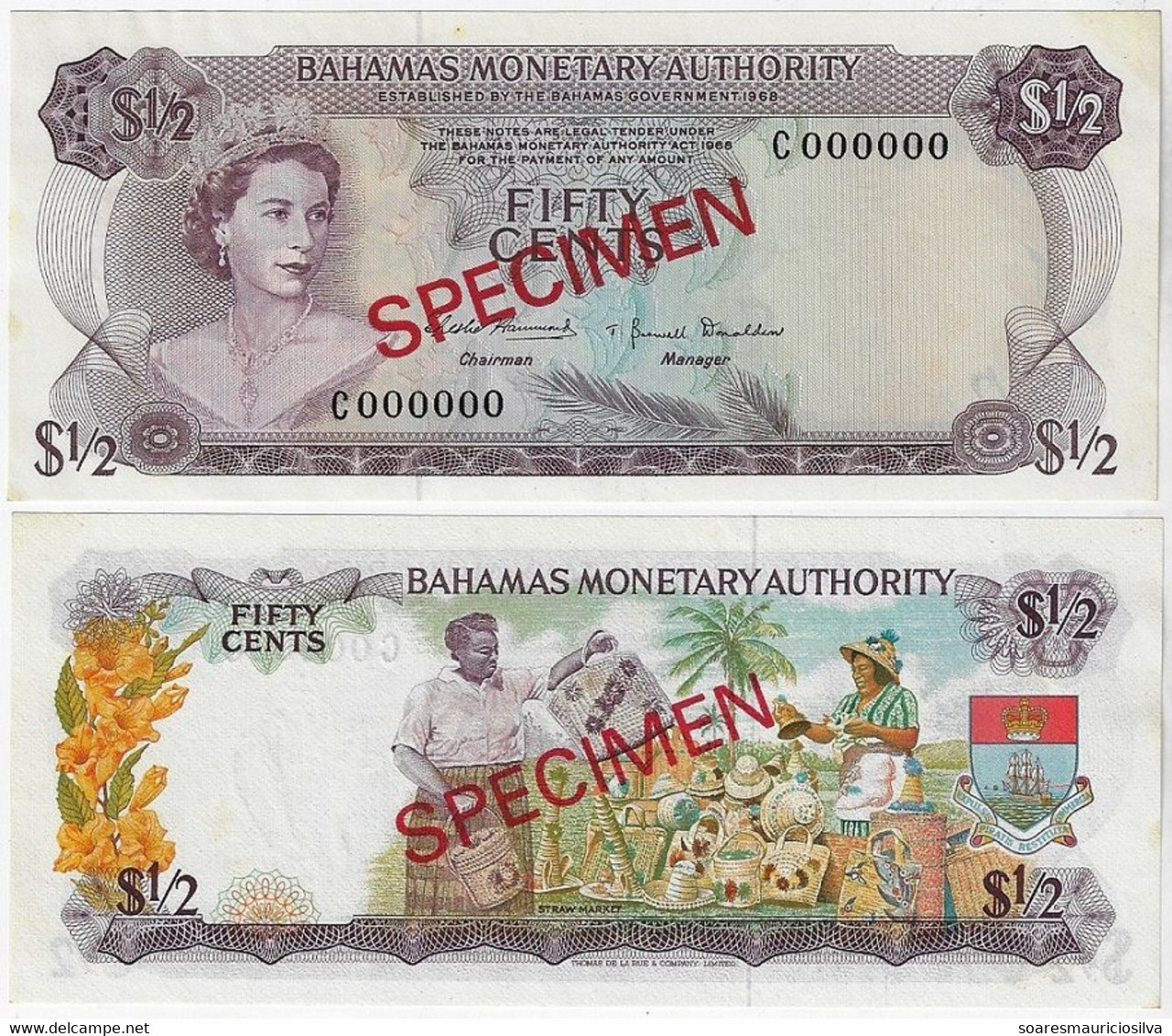 Banknote Bahamas ½ Dollar 50 Fifty Cents 1968 Pick-26s Specimen Queen Elizabeth II Uncirculated (catalog US$120) - Bahamas
