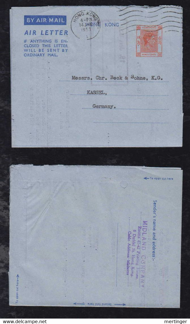 China Hong Kong 1953 Aerogramme Stationery Air Letter To KASSEL Germany - Briefe U. Dokumente