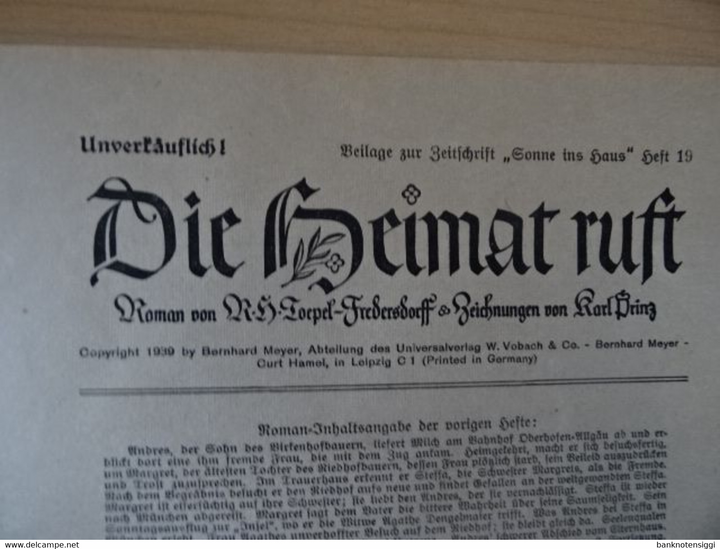 Zeitung."Sonne ins Haus "Heft 19. Jahrgang 1939