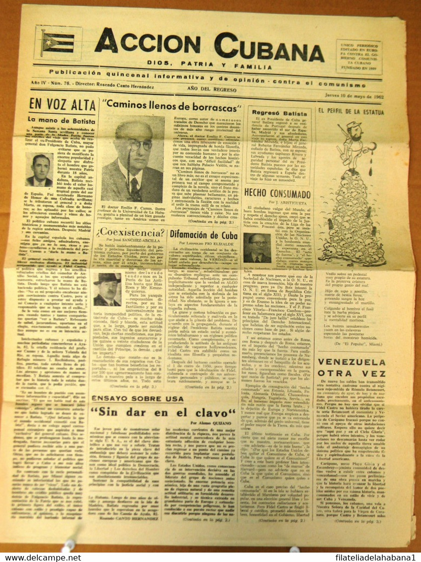 BP-320 CUBA  ANTICOMMUNIST NEWSPAPER ACCION CUBANA ESPAÑA PRINTING 10/MAY/1962. - [4] Themes