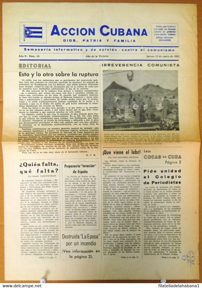 BP-327 CUBA ESPAÑA ANTICOMMUNIST NEWSPAPER ACCION CUBANA ESPAÑA PRINTING 12/ENE/1961. - [4] Themes