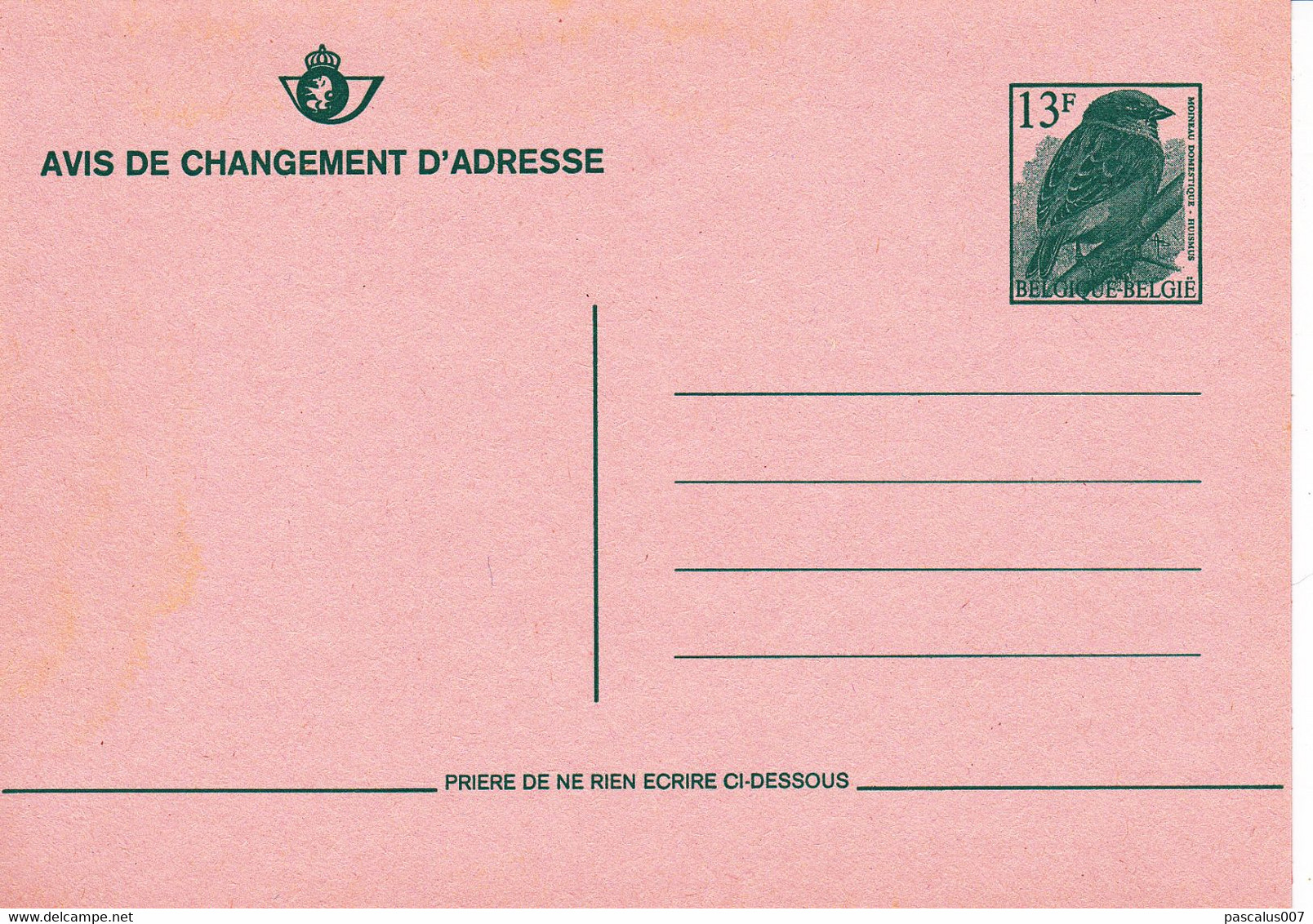 B01-314 AP - entier postal - carte postale avis de changement d'adresse N° 29 - Moineau Domestique - 13,00 Fr - 5 Cartes