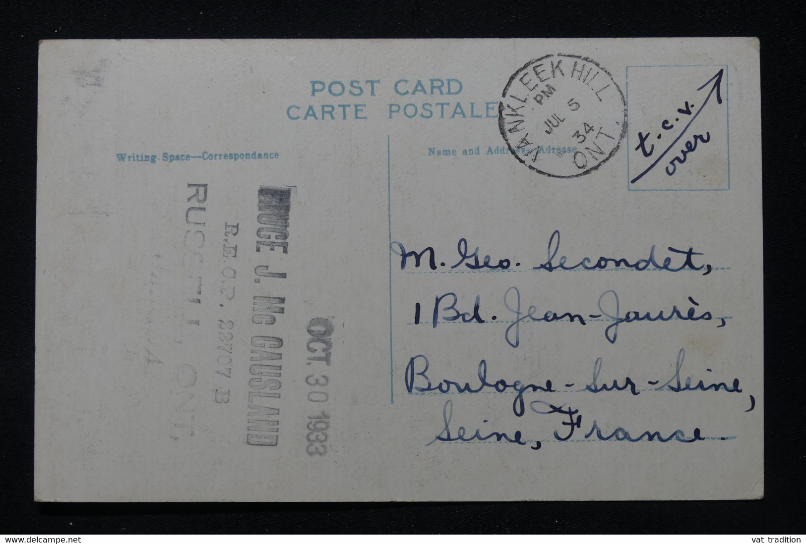 CANADA - Affranchissement De Vankleek Hill Sur Carte Postale Pour La France En 1934 - L 87667 - Cartas & Documentos