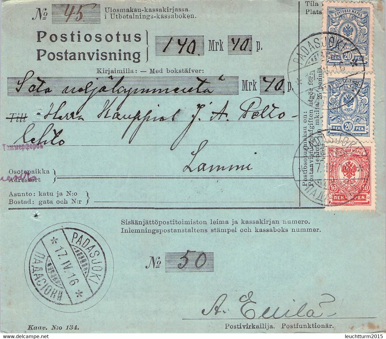 FINLAND - POSTIOSOTUS 1916 PADASJOKI > LAMMI  //G184 - Storia Postale