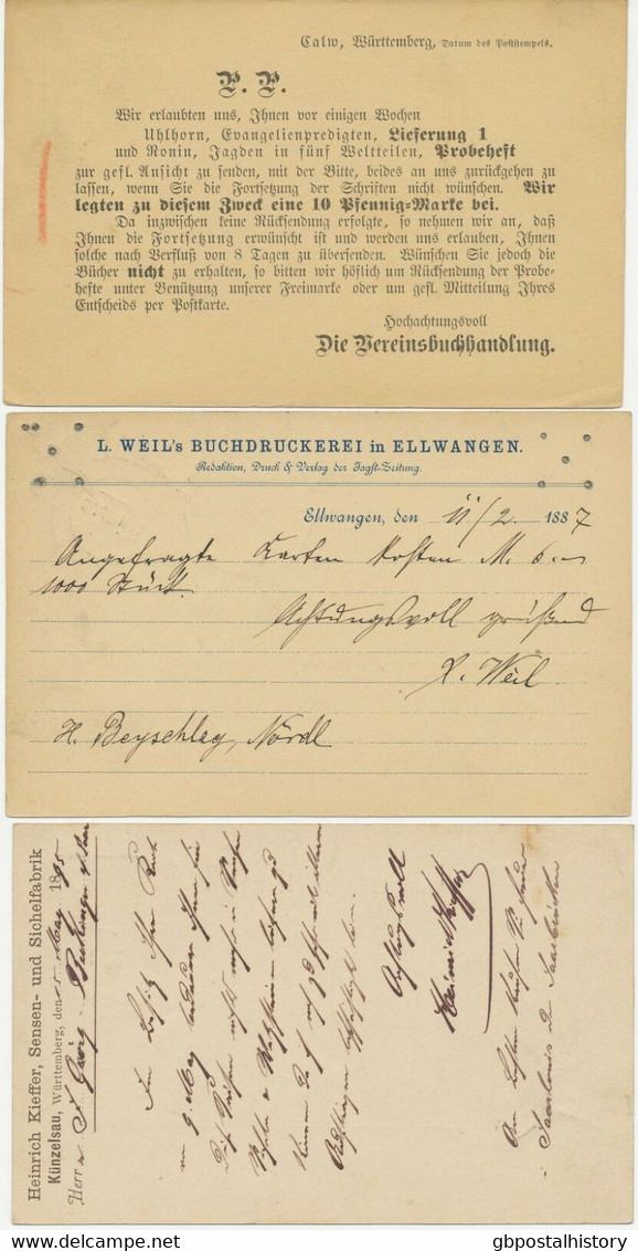 WÜRTTEMBERG GANZSACHEN 1887/1895 3 Versch Kab.-GA CALW, ELLWANGEN Und KÜNZELSAU - Postwaardestukken