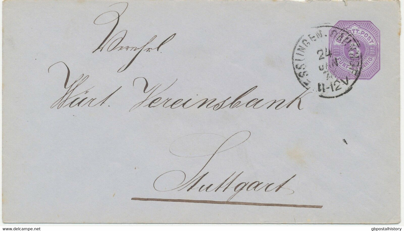 WÜRTTEMBERG GANZSACHEN 1876 5 Pf GU ABART FEHLDRUCK In Der Farbe Llilarosa - Postal  Stationery