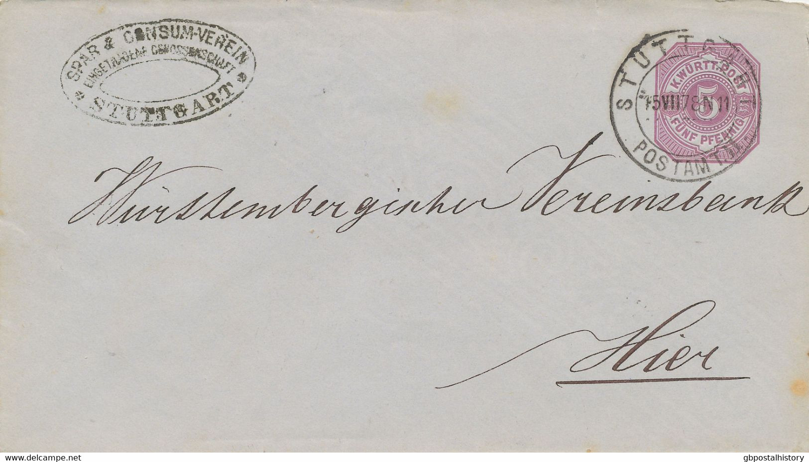 WÜRTTEMBERG "STUTTGART" sechs 5 Pf GU's 1876/9 alle m. Absenderstempel