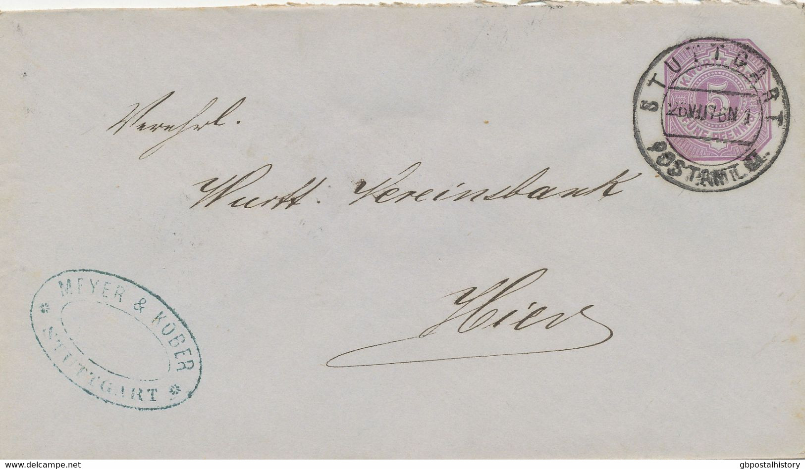 WÜRTTEMBERG "STUTTGART" sechs 5 Pf GU's 1876/9 alle m. Absenderstempel