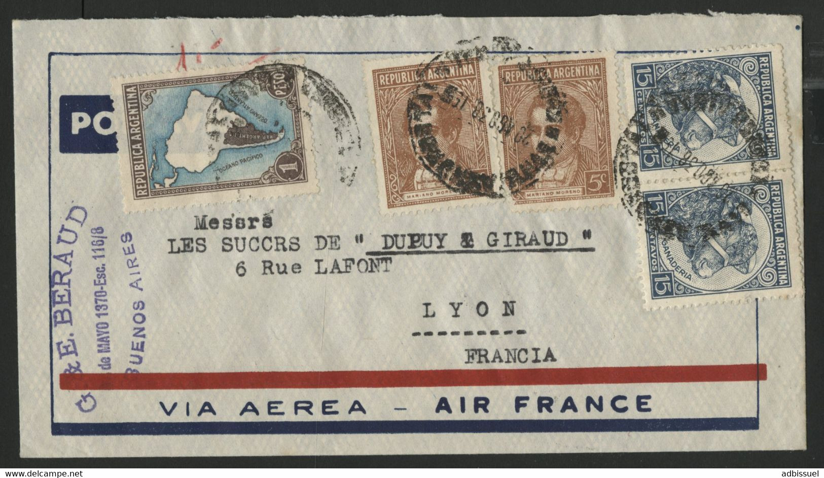 ARGENTINE Pli Par Avion Pour Lyon Via AIR FRANCE En 1938 (voir Description) - Covers & Documents