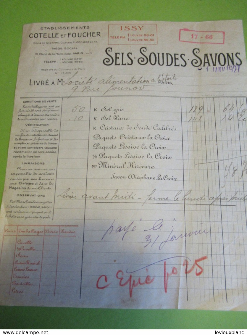 Bon De Livraison/ Produit D'Entretien/Cotelle Et Foucher/Sels Soudes Savons/Place Madeleine/Paris/1927     FACT435 - Perfumería & Droguería