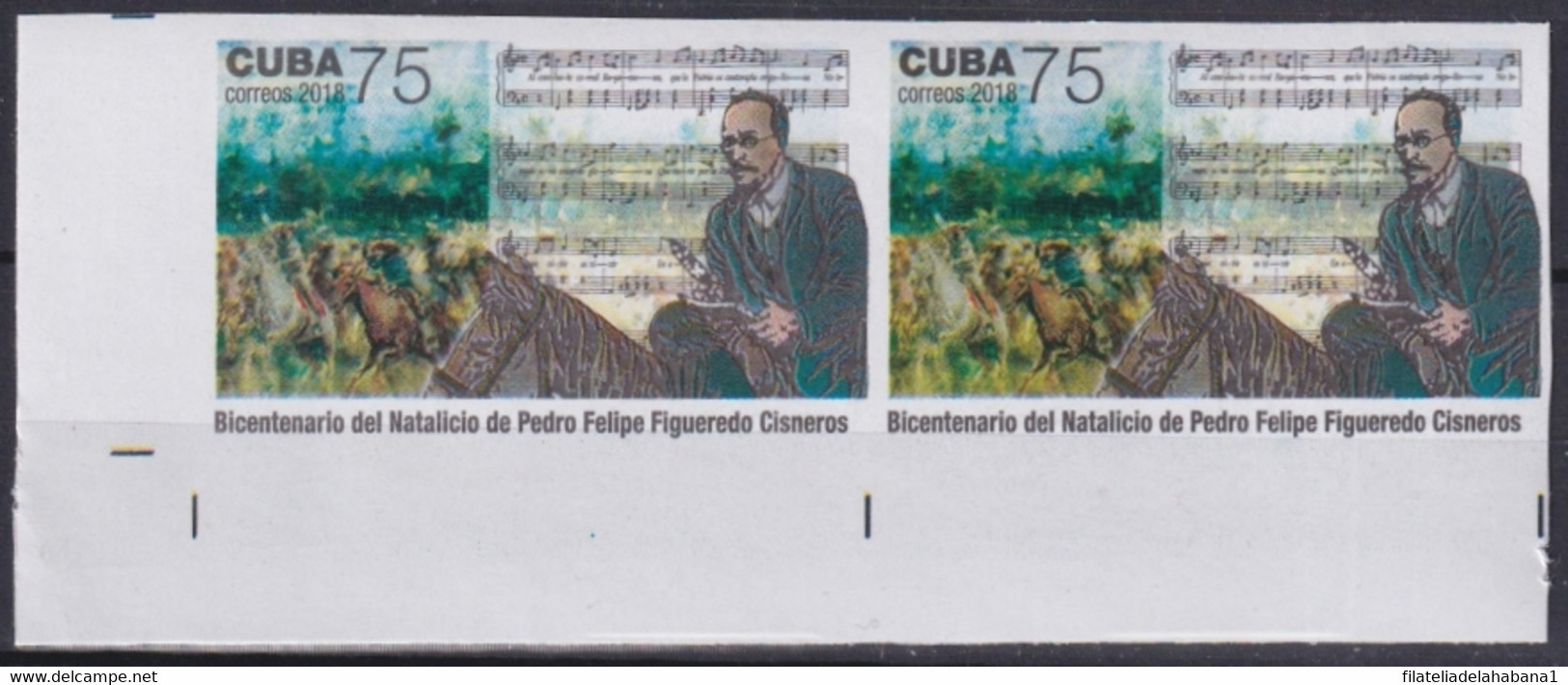 2018.228 CUBA MNH 2018 IMPERFORATED PROOF 75c 200 ANIV PEDRO FIGUEREDO HIMNO - Sin Dentar, Pruebas De Impresión Y Variedades