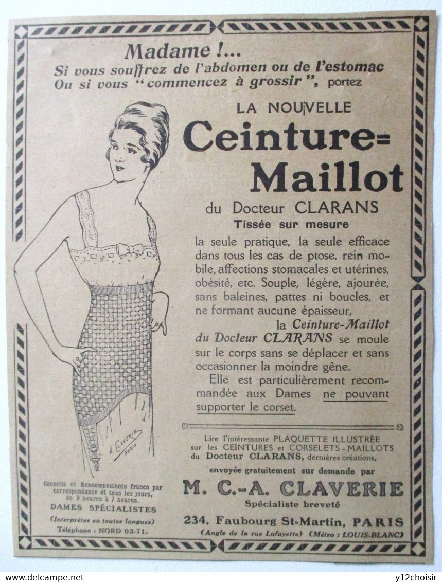 PUB 1921 LA NOUVELLE CEINTURE MAILLOT DU DOCTEUR CLARANS M. C.- A. CLAVERIE FBG SAINT MARTIN PARIS - Other & Unclassified