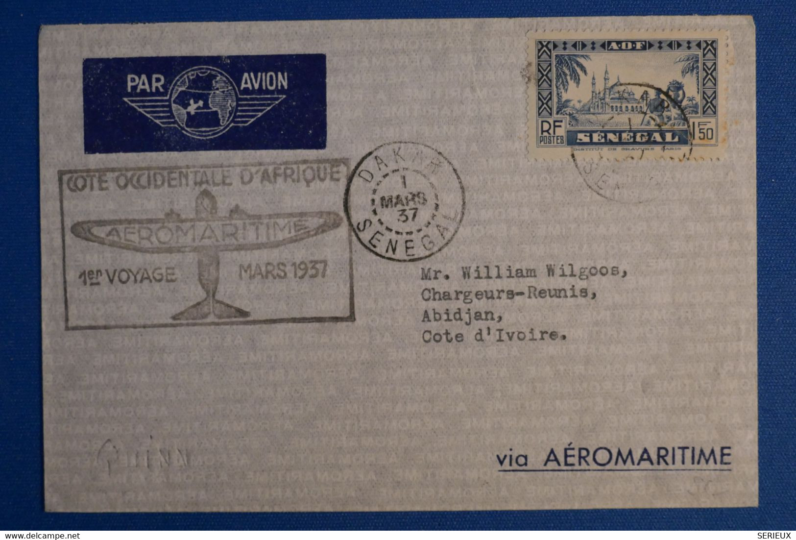 C AOF SENEGAL BELLE LETTRE RARE 1937 PREMIER VOL DAKAR ABIDJAN+ AEROMARITIME  + AFFRANCHISSEMENT PLAISANT - Aéreo