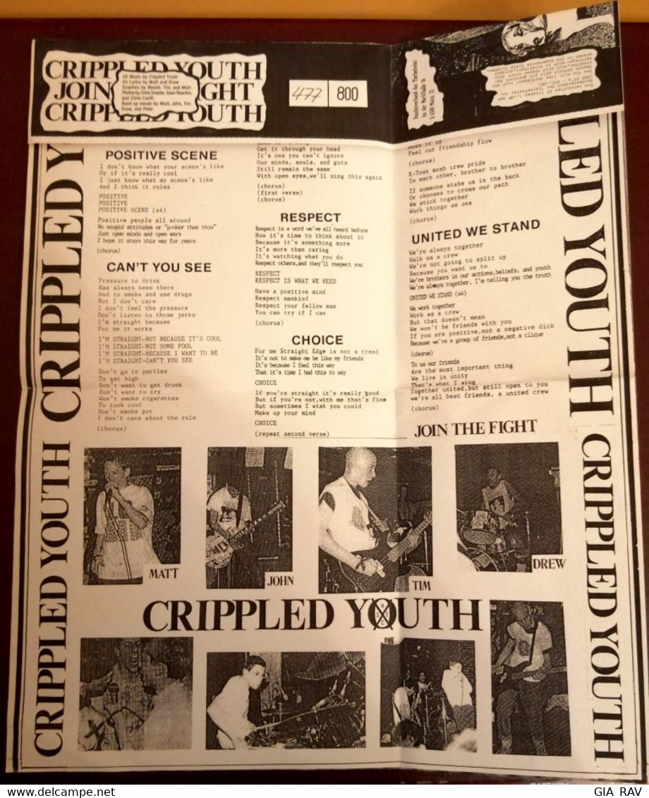 CRIPPLED YOUTH - JOIN THE FIGHT - VINYL 7" (1991) BOOTLEG - NUMBERED #477/800 - Punk