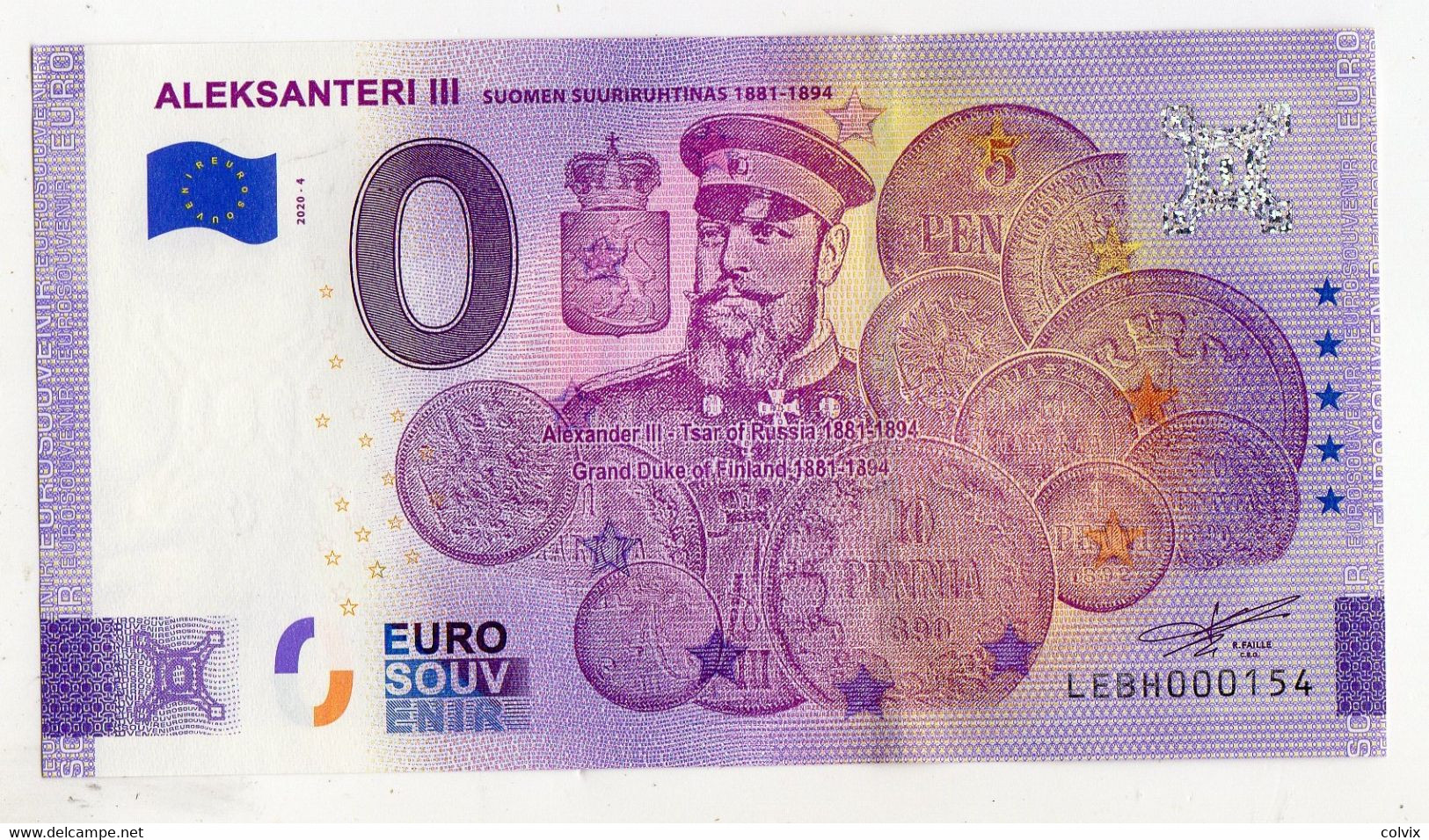 2020-4 BILLET TOURISTIQUE FINLANDE 0 EURO SOUVENIR N° LEBH000154 ALEKSANTERI III (monnaie) - Private Proofs / Unofficial
