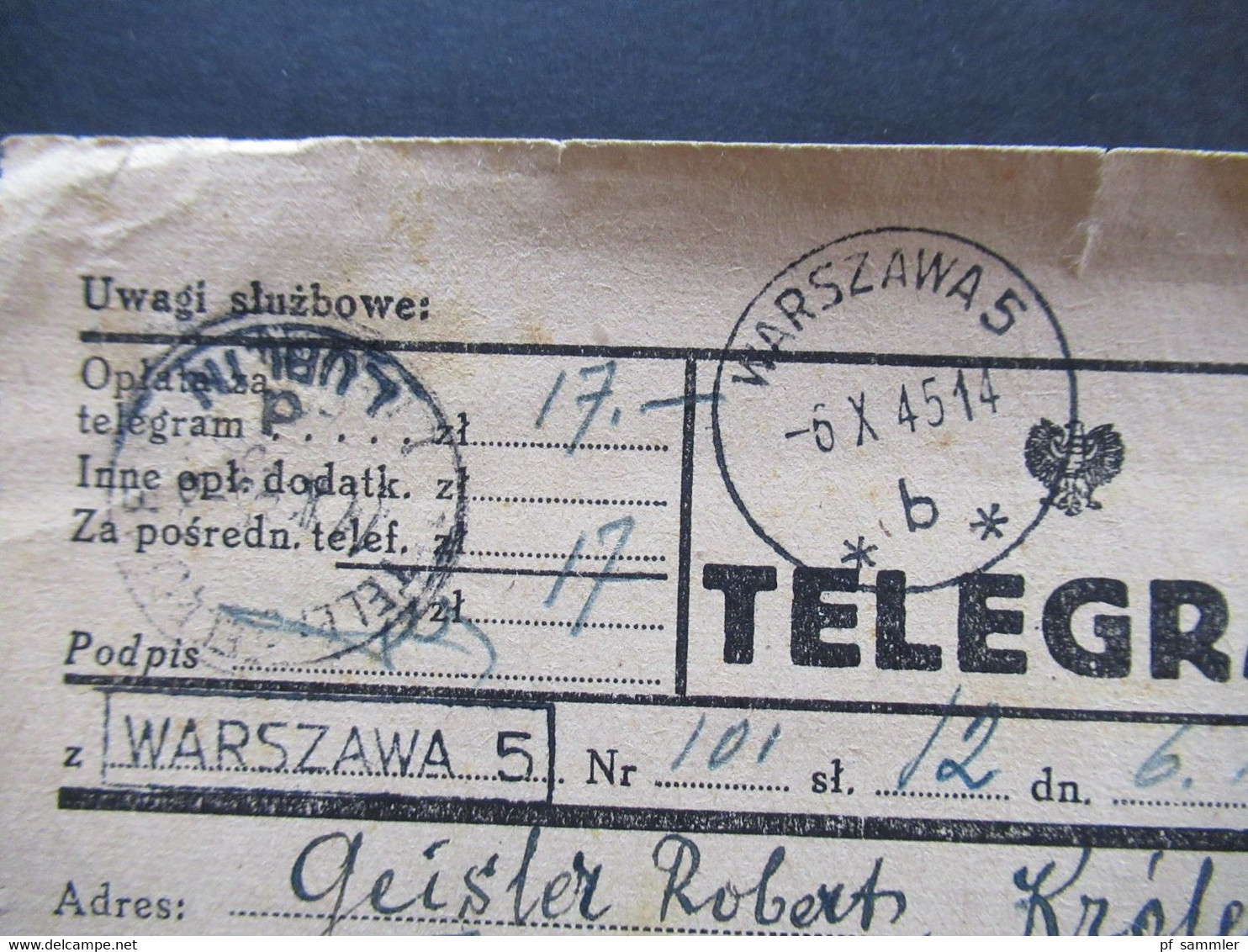 Polen 6.10.1945 (nach Kriegsende) Telegram Aus Lublin Nach Warschau Mit Stempel Ra1 Warszawa 5 Und 2 Weitere Stempel - Briefe U. Dokumente