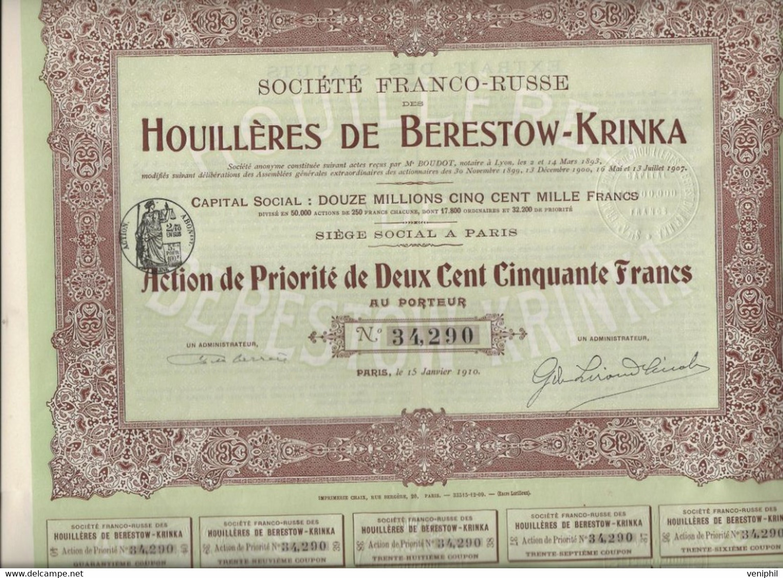 SOCIETE FRANCO-RUSSE HOUILLERES DE BERESTOW - KRINKA- ACTION DE PRIORITE 250 FRS - ANNEE 1910 - Mines