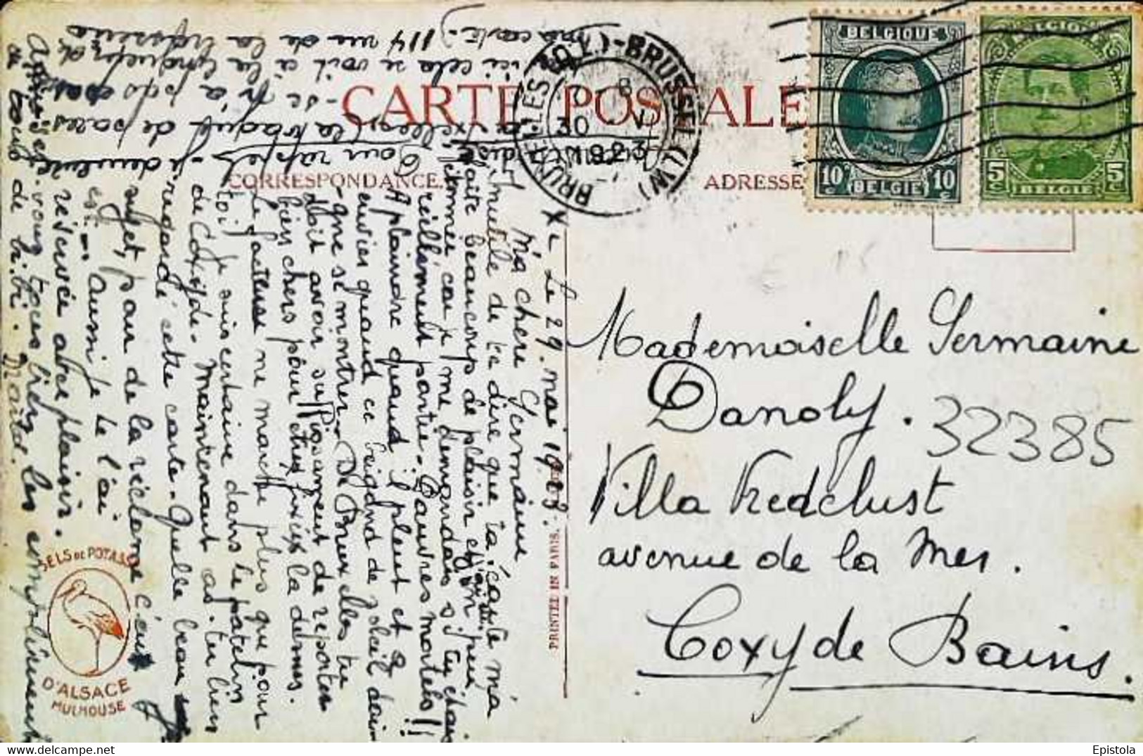 ► Timbre Belge  10 C Et 5 C  BRUXELLES 1923 BRUSSEL PAIRE CartePostale Mairie Mariage En France -   1922-26 (Albert I) - Réceptions