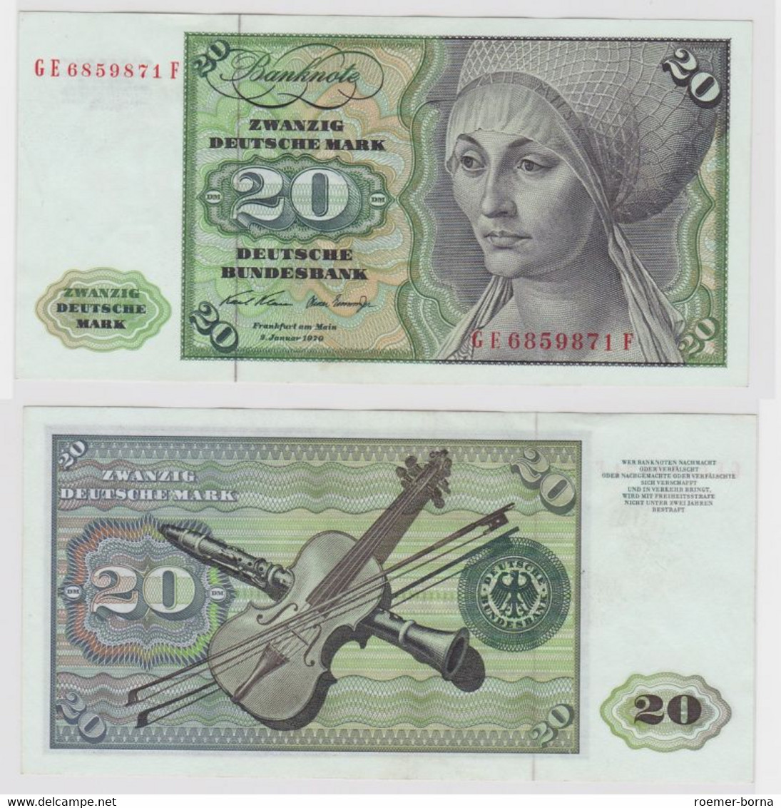 T111761 Banknote 20 DM Deutsche Mark Ro. 271b Schein 2.Jan. 1970 KN GE 6859871 F - 20 Deutsche Mark