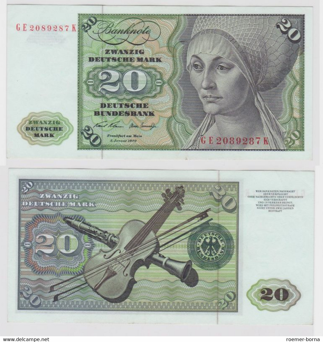 T137539 Banknote 20 DM Deutsche Mark Ro. 271b Schein 2.Jan. 1970 KN GE 2089287 K - 20 Deutsche Mark