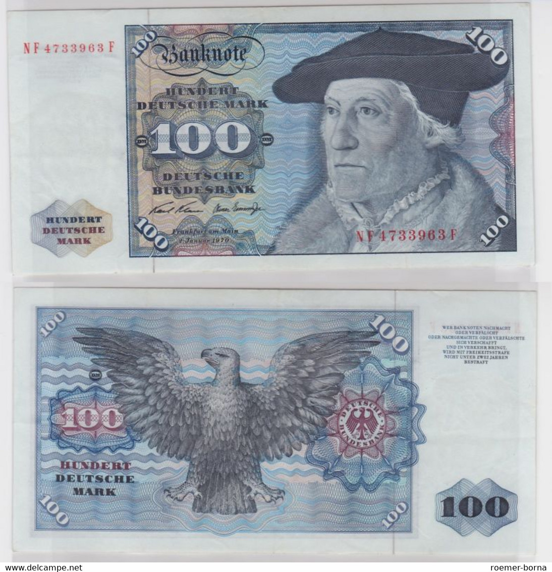 T146008 Banknote 100 DM Deutsche Mark Ro. 273b Schein 2.Jan 1970 KN NF 4733963 F - 100 DM