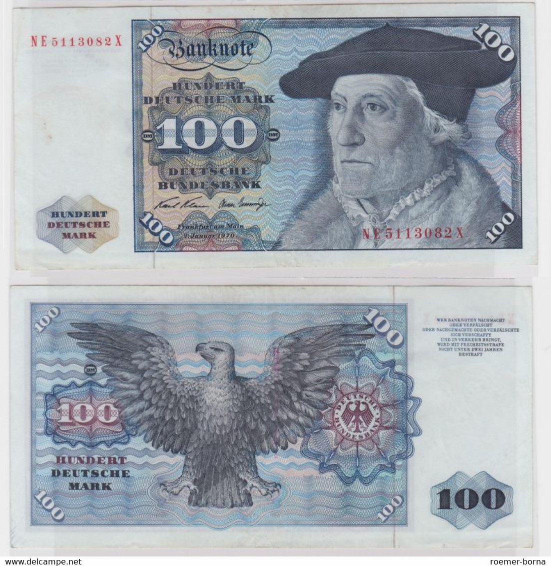 T146075 Banknote 100 DM Deutsche Mark Ro. 273b Schein 2.Jan 1970 KN NE 5113082 X - 100 Deutsche Mark