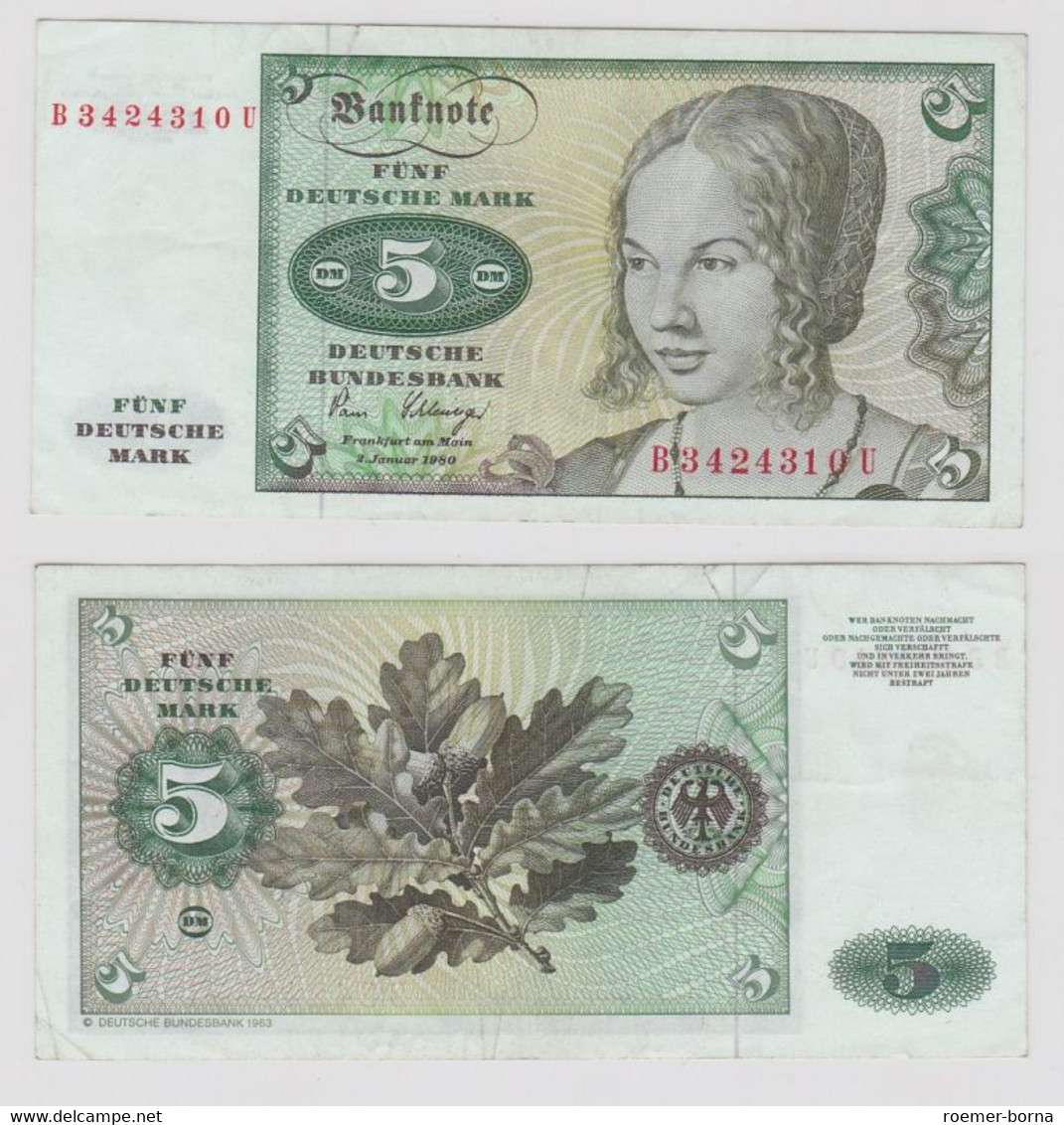 T146097 Banknote 5 DM Deutsche Mark Ro. 285a Schein 2.Jan. 1980 KN B 3424310 U - 5 DM