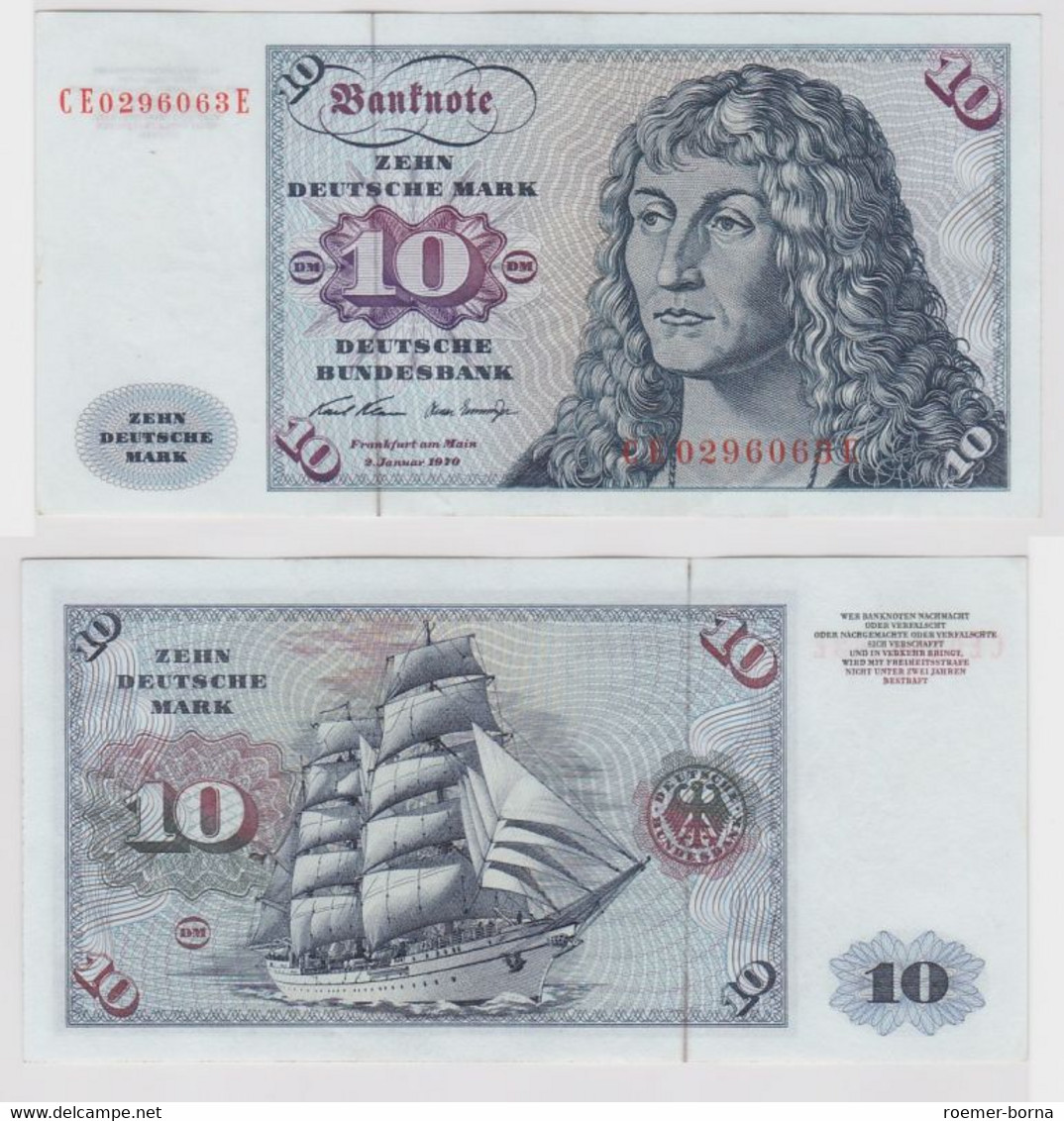 T146900 Banknote 10 DM Deutsche Mark Ro. 270b Schein 2.Jan. 1970 KN CE 0296063 E - 10 Deutsche Mark