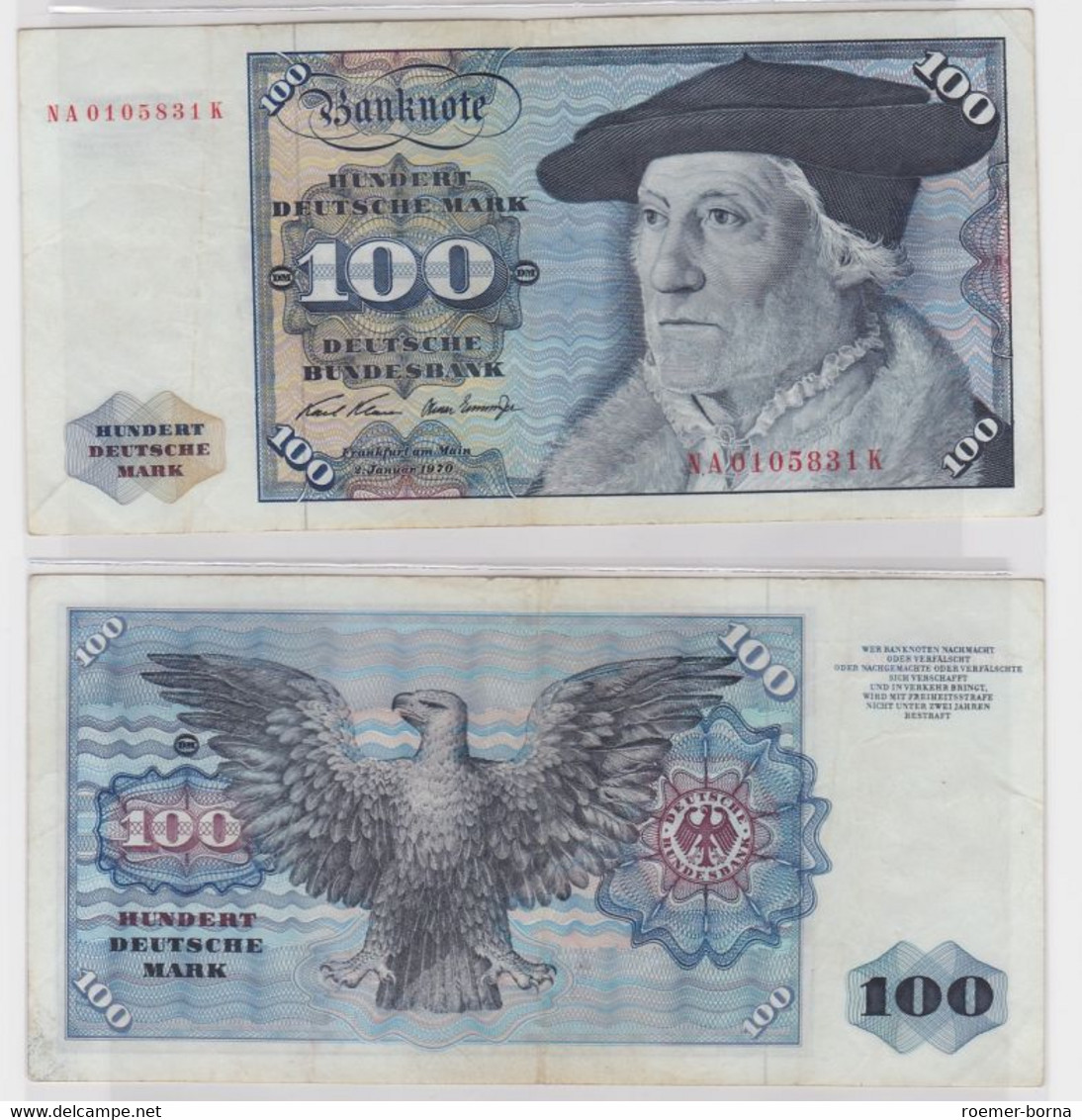 T147135 Banknote 100 DM Deutsche Mark Ro 273a Schein 2.Jan. 1970 KN NA 0105831 K - 100 Deutsche Mark