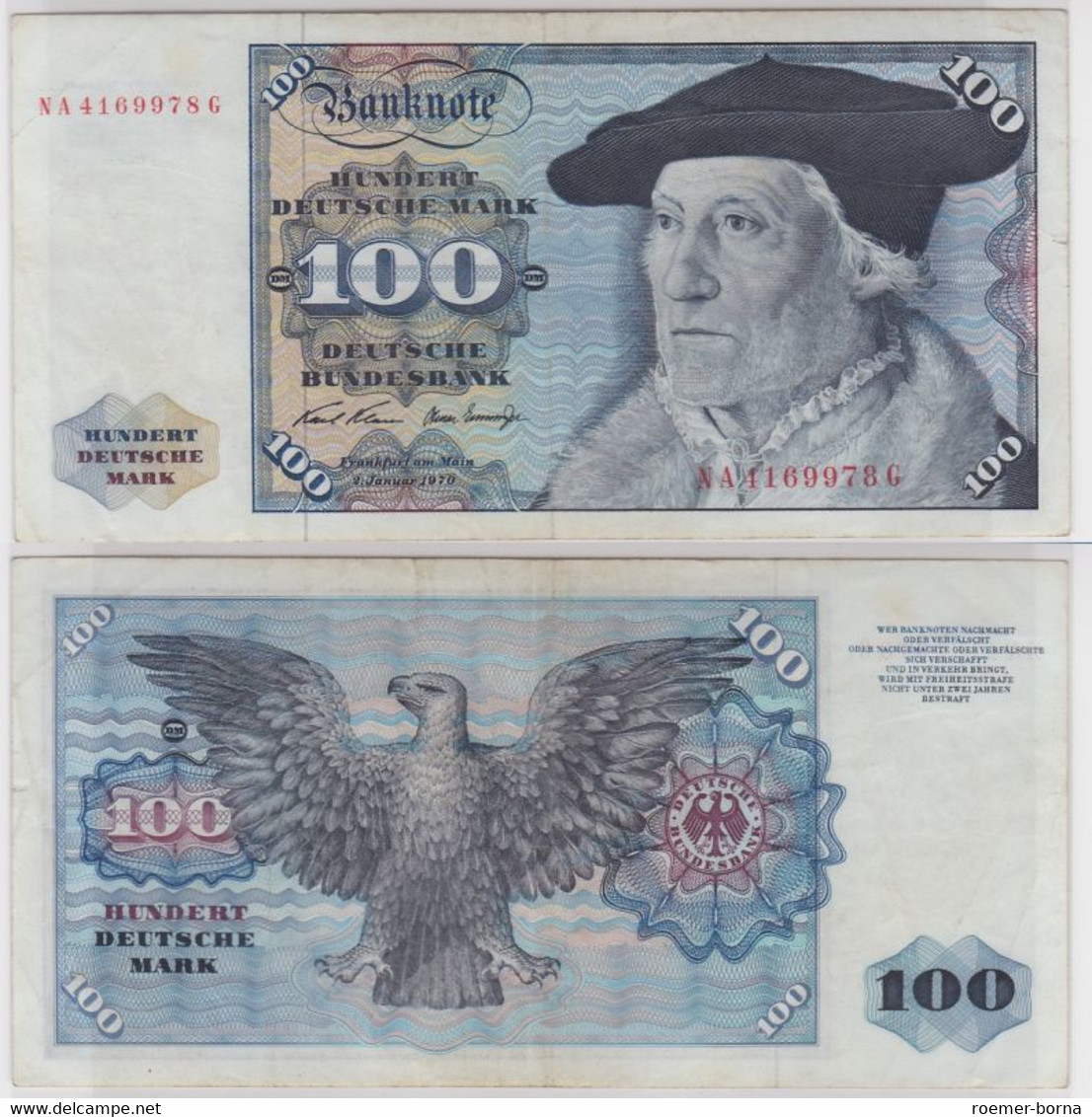 T147229 Banknote 100 DM Deutsche Mark Ro 273a Schein 2.Jan. 1970 KN NA 4169978 G - 100 Deutsche Mark