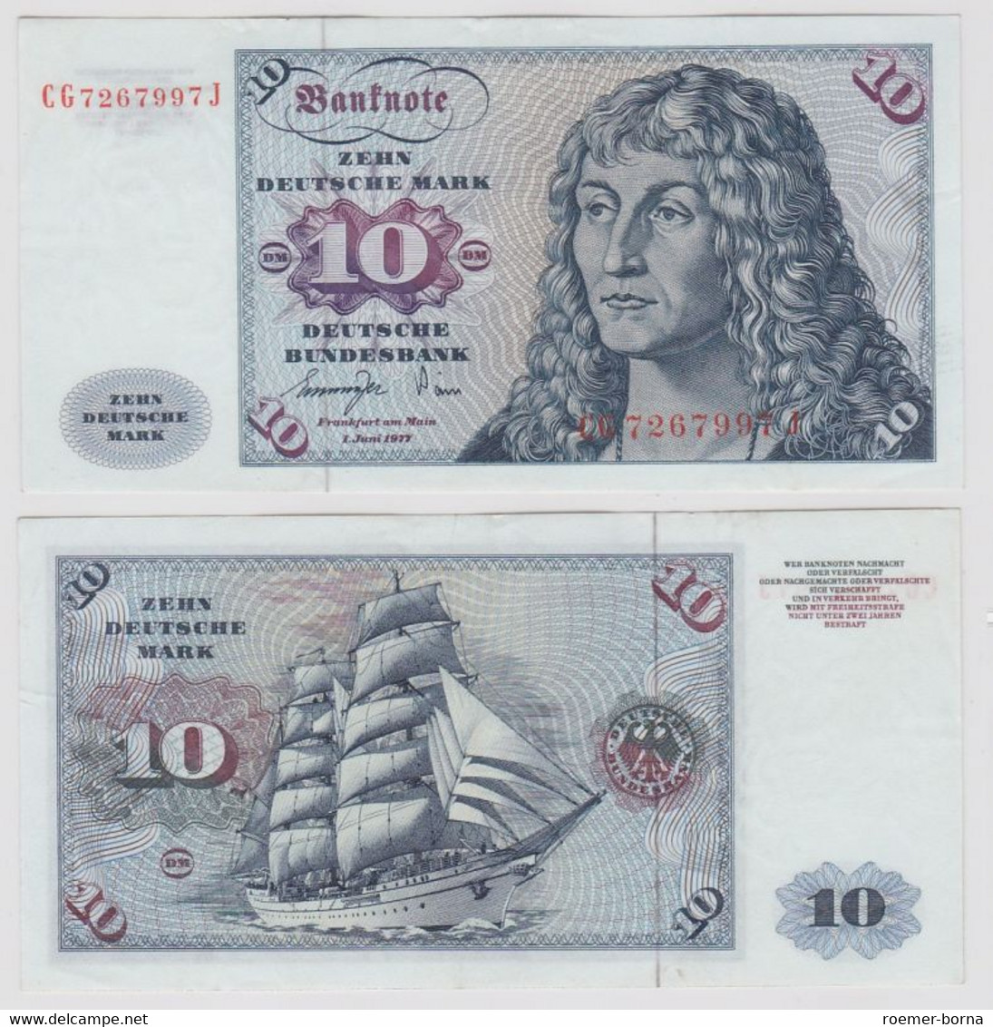 T147276 Banknote 10 DM Deutsche Mark Ro. 275a Schein 1.Juni 1977 KN CG 7267997 J - 10 DM