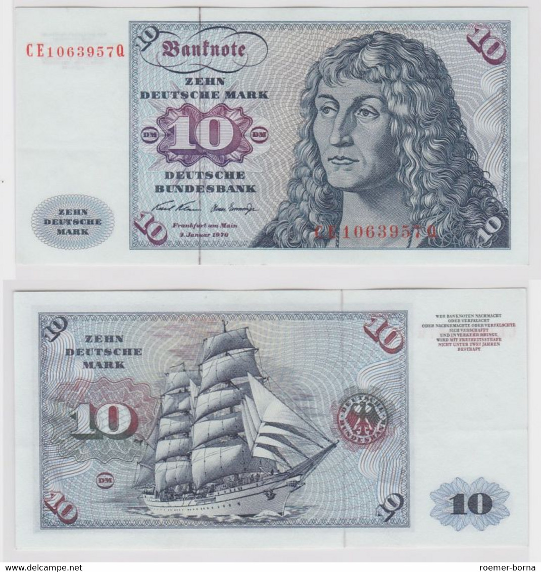 T147558 Banknote 10 DM Deutsche Mark Ro. 270b Schein 2.Jan. 1970 KN CE 1063957 Q - 10 Deutsche Mark