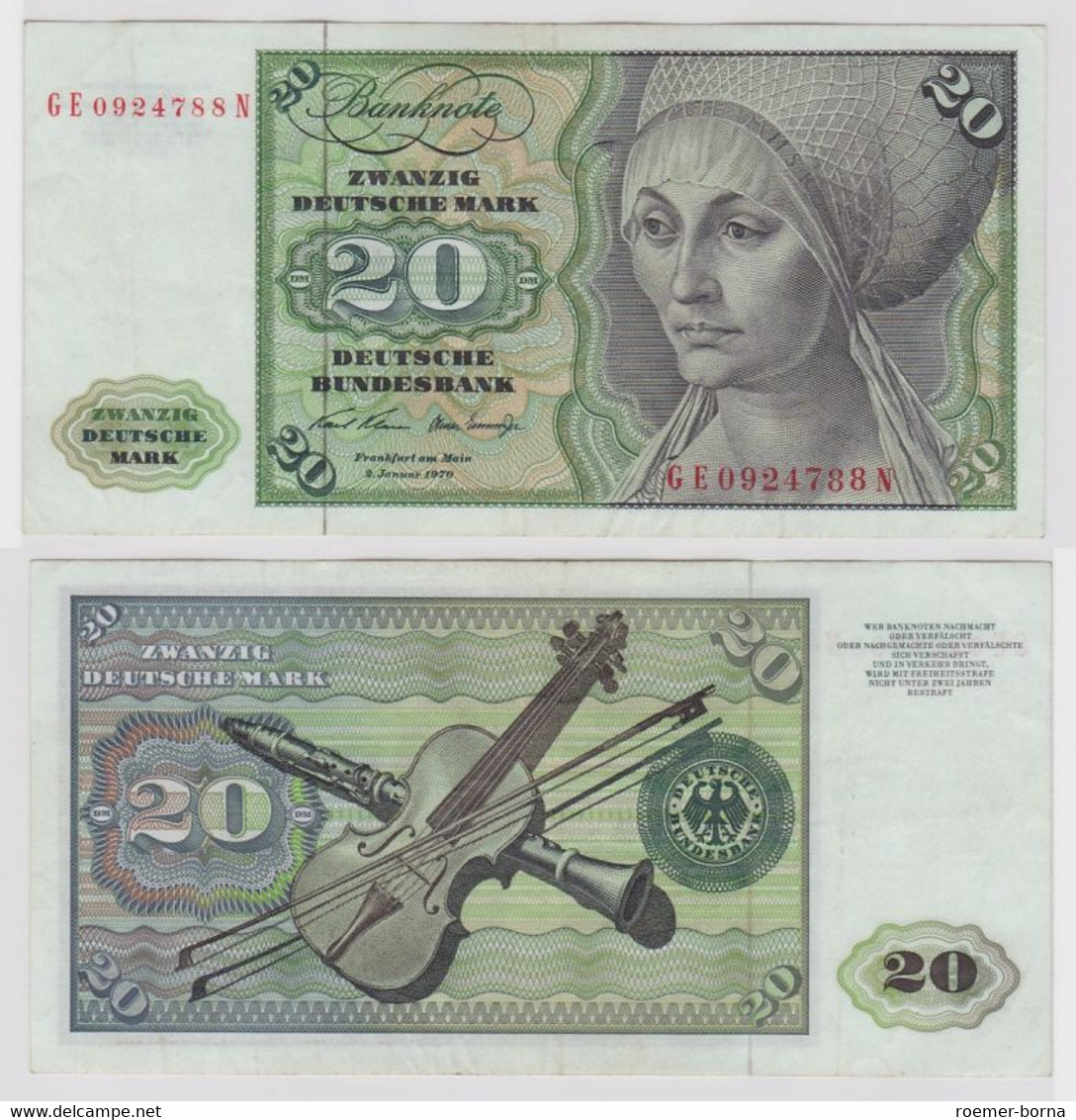 T148405 Banknote 20 DM Deutsche Mark Ro. 271b Schein 2.Jan. 1970 KN GE 0924788 N - 20 DM