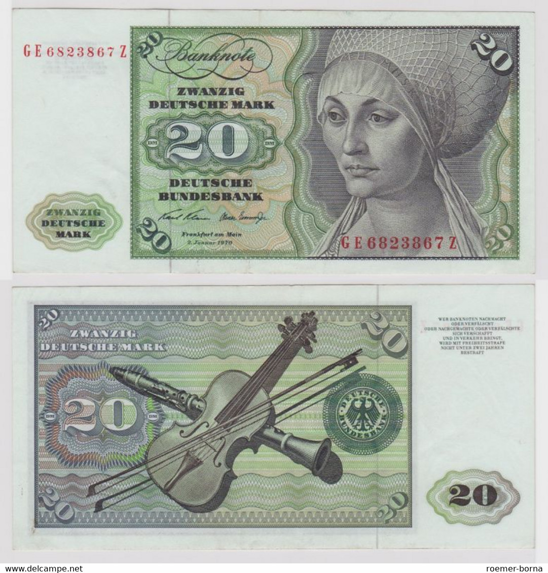 T148433 Banknote 20 DM Deutsche Mark Ro. 271b Schein 2.Jan. 1970 KN GE 6823867 Z - 20 DM