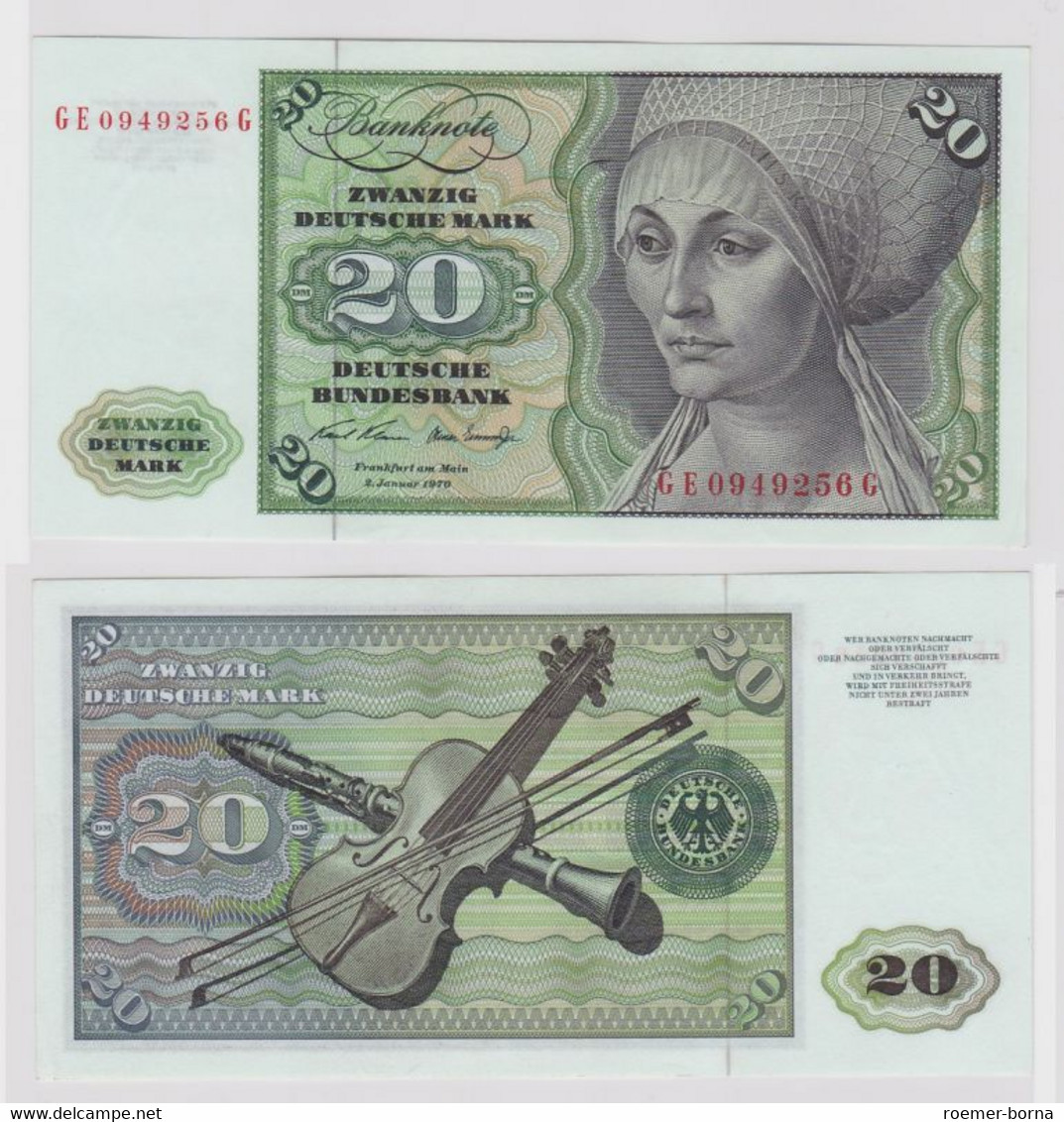 T148645 Banknote 20 DM Deutsche Mark Ro. 271b Schein 2.Jan. 1970 KN GE 0949256 G - 20 DM