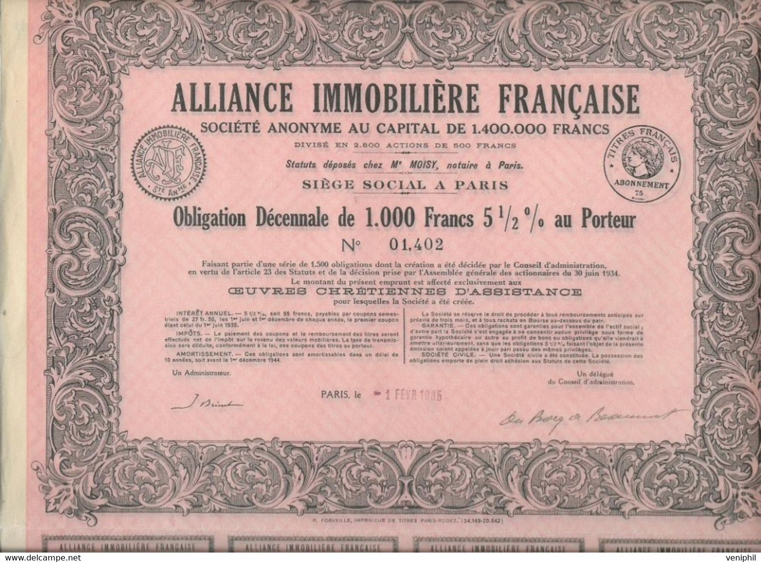 ALLIANCE IMMOBILIERE FRANCAISE -2 OBLIGATIONS DECENNALE DE 1000 FRS -TIRAGE 1500 - ANNEE 1935 - Autres & Non Classés