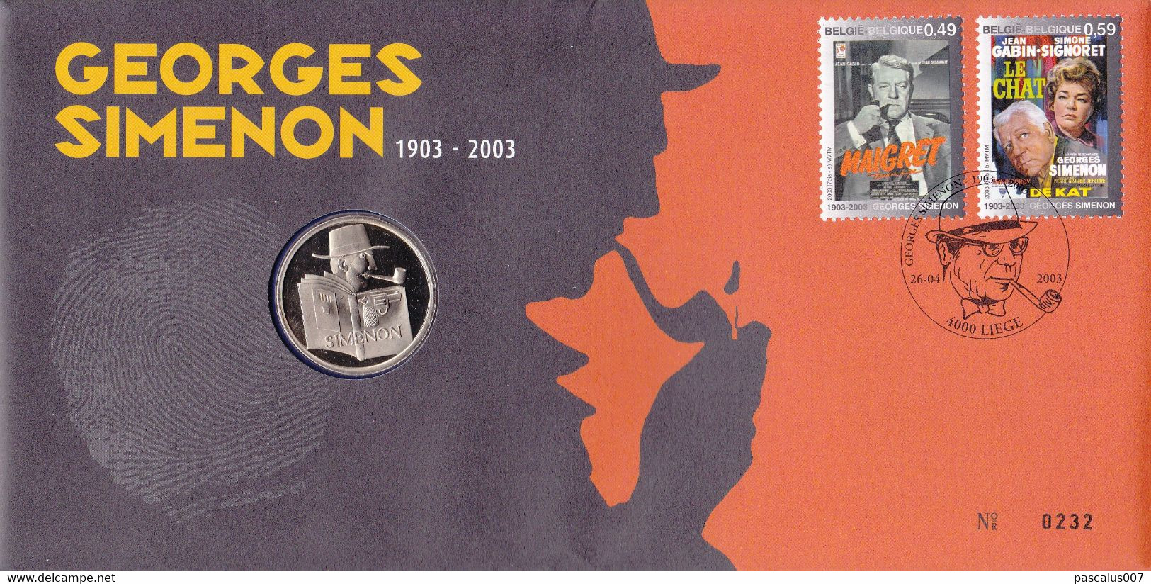 B01-326 Numisletter FDC COB 3167 3168 Ecrivain Romancier Georges Simenon 26-04-2003 4000 Liège - Numisletters