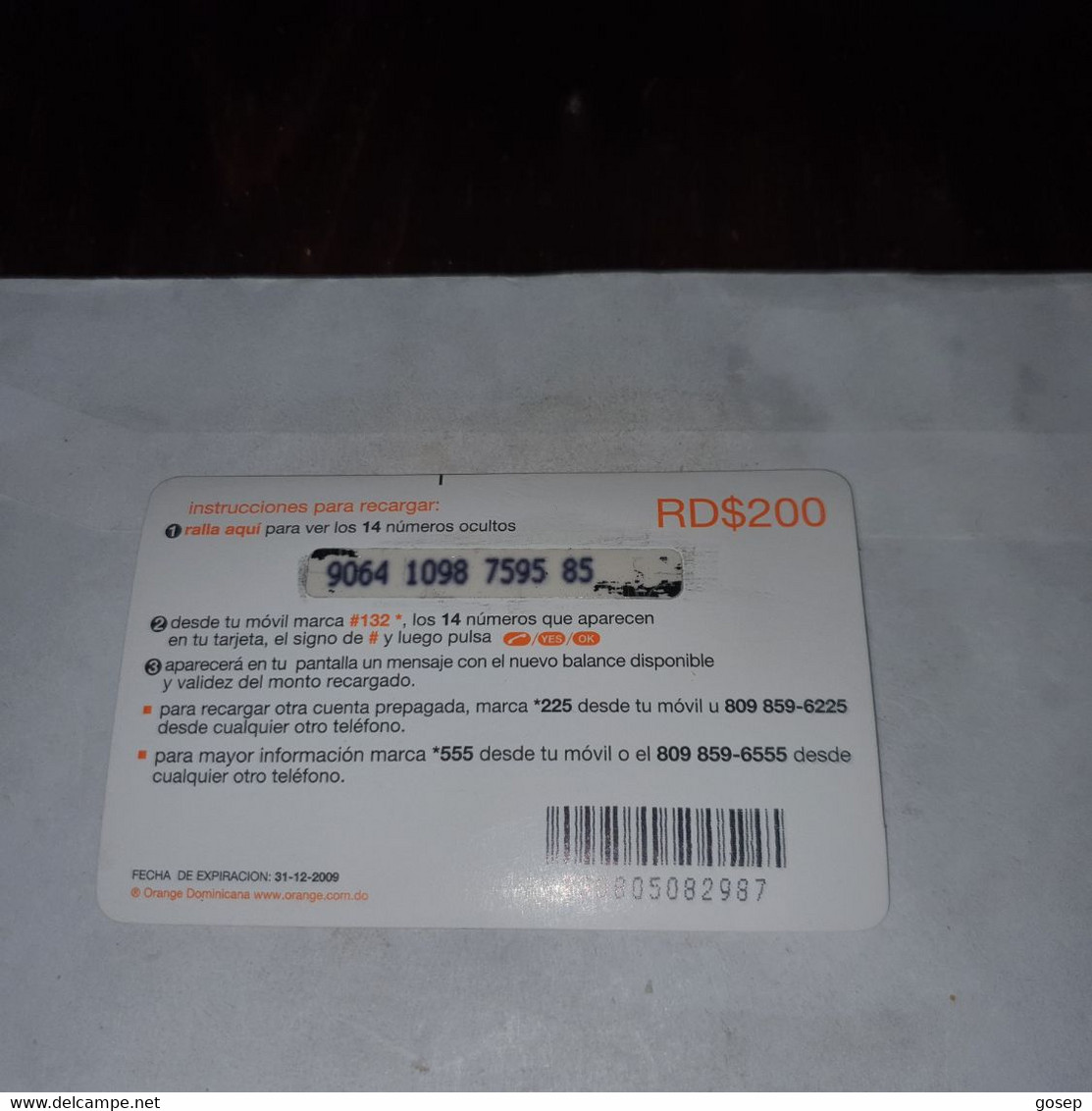 Dominicana-(orange-25rd$200)-(23)-(9064-1098-7595-85)-(31.12.2009)-used Card+1card Prepiad Free - Dominicana