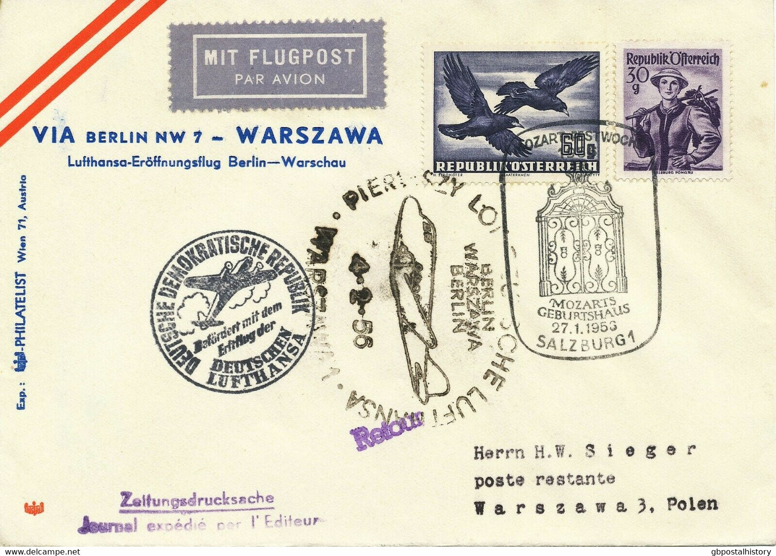 ÖSTERREICH 1956 Vögel 60 G U.a. Mitläufer-Erstflug LH-OST BERLIN - WARSCHAU RR! - Altri & Non Classificati